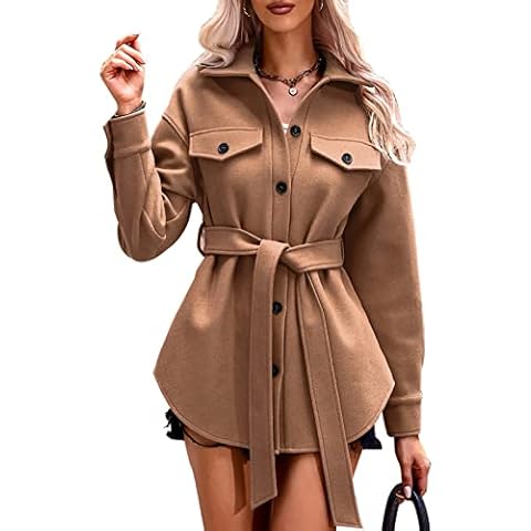 Aivtalk Women Short Pea Coat with Belt Wool Blend Button Down Outwear Classic Lapel Open Front Coat Shacket Winter Warm Shirt Jacket, Beige-1 M Cover
