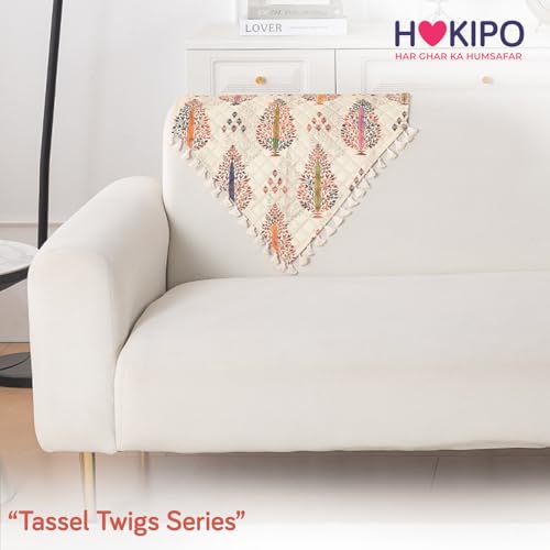 Image of HOKIPO Royal Kalamkari Quilted Sofa Backrest Cover Mat| 'Tassel Twigs' Series (IN-988-T2)