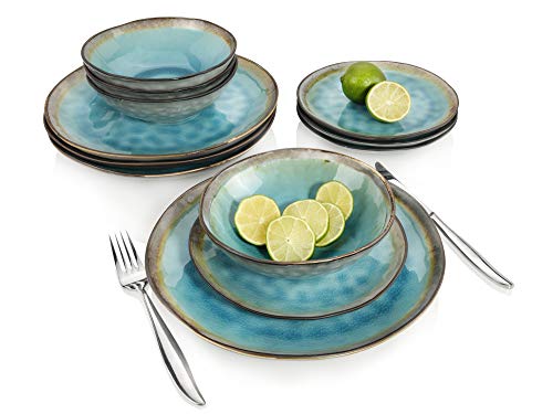 SÄNGER | Capri 12-piece crockery set, plate set 4 people, stoneware crockery including dinner plate, dessert plate & deep plate, handmade dinner service, dinnerware set turquoise blue with gray edge