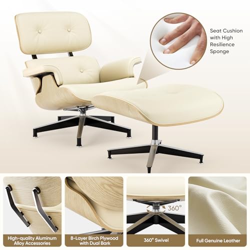 Image of Top Cream White Grain Leather, Mid Century Chaise Lounge Chair and Ottoman, Modern Chair Classic Design, Ash Wood, Heavy Duty Base Support for Living Room Office
