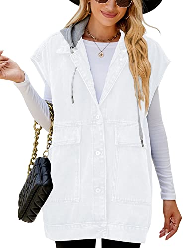 Image of PAODIKUAI Women's Oversized Denim Vest - Sleeveless Distressed Jean Vest with Pockets for Casual Layering