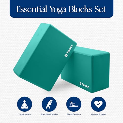 Tumaz Yoga Blocks 2 Pack Set, High Density/Lightweight EVA Foam and Non-Slip Natural Cork Blocks Premium Set - E-Book Included
