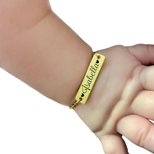 Personalized Dainty Baby Name Gold Bar Bracelet - Hypoallergenic - Custom Engraved Babies Name - Newborn to Children Sizes