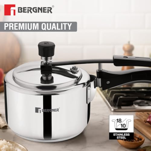 Image of Bergner Aragon Inner Lid Stainless Steel Pressure Cooker 3 Litres, Triply Bottom Design, Non-Toxic Safety Valve, Ergonomic Handle, Mirror Finish, Easy to Use and Clean - Induction and Gas Stove Ready