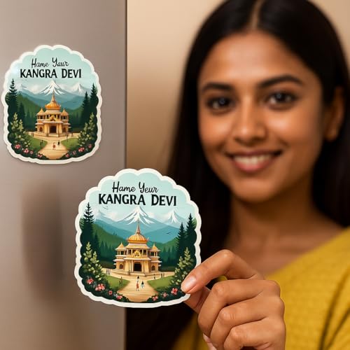 Image of Naxon Kangra Devi Temple Souvenir Wooden Fridge Magnet | Shri Bajreshwari MATA Mandir 3x3 Inch Refrigerator Magnet | Printed Wooden Travel Souvenir for Home & Kitchen Decor | Pack of 1
