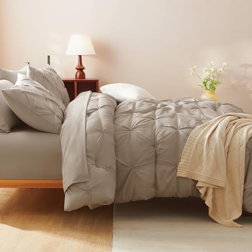 CozyLux Queen Comforter Set Khaki, 7 Pieces Pintuck Bed in A Bag, Premium Khaki Comforter Queen Size, Pinch Pleat Bedding Sets with Comforter, Sheets, Pillowcases & Shams