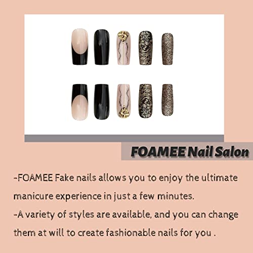 Foamee Black French Tip Press On Nails Medium Square Bling Fake Nails With Designs Acrylic Glossy False Nails For Women #TOP3