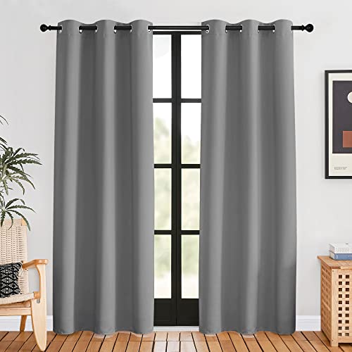 NICETOWN Bedroom Curtains Blackout Drapery Panels, 2 Panels, 42 x 80 inches, Silver Grey, Three Pass Microfiber Thermal Insulated Solid Ring Top Black