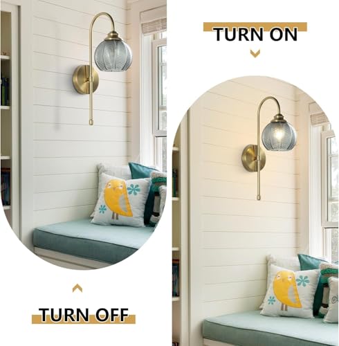 Image of KCO Lighting Gold Wall Light Smoke Glass Globe Sconce Antique Brass Long Arm Sconce Minimalist Vintage Fireplace Wall Sconces Mid Century Modern Bedside