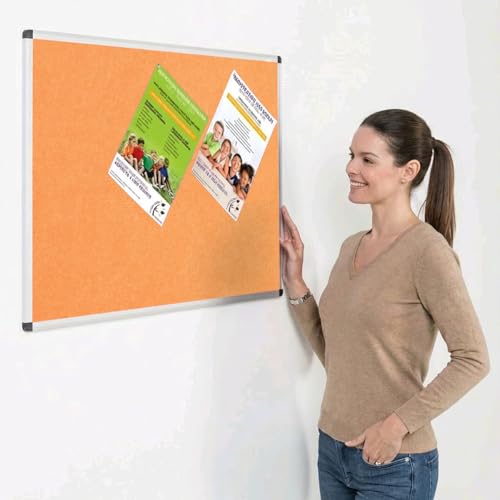 Metroplan Fire-Retardant Aluminium Frame Noticeboard, 60 x 90 cm, Orange Pinboard, Wall-Mounted, 12 Colour Pinboard Options - Ideal for Office, Classroom, Notice Displays