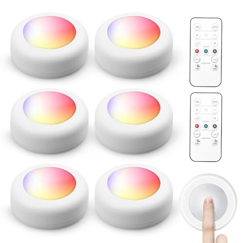 Lot de 6 spots LED RGBW - Éclairage d'armoire sans fil - 16 couleurs - Veilleuse LED avec télécommande, variateur et minuterie - Cuisine sans câble -...