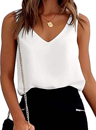 ZIOOER Mujer Camisa sin Mangas Verano Satén Camisetas con Cuello en V Informal Camisa Blusa Shirt Tank Top Blanco XL