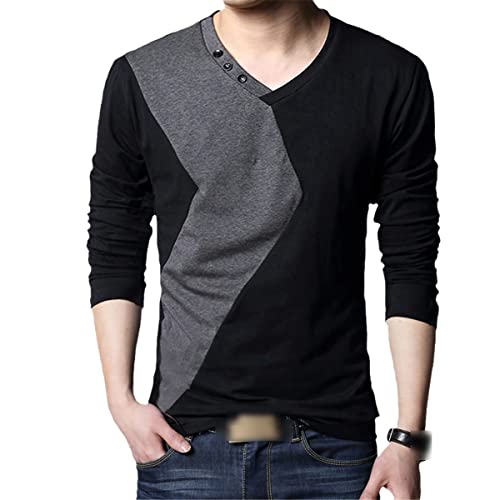 T-shirt noir manches longues homme en coton patchwork col en V taille XL