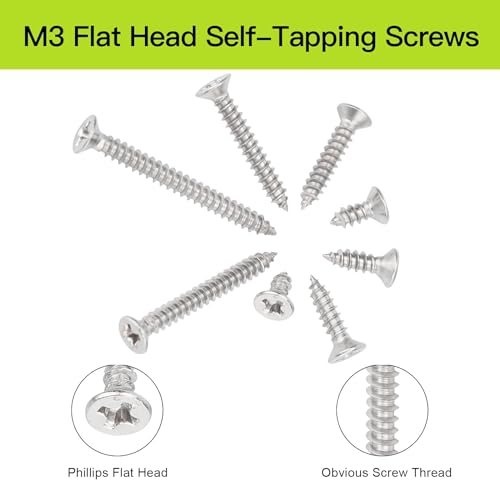 مجموعة متنوعة من براغي الخشب ذات الرأس المسطحة ام 3، 400 قطعة من براغي فيليبس برأس غاطسة ذاتية اللولبة، من الفولاذ المقاوم للصدأ 304، مع 20 مثبت براغي ام 6 للتعليق على الحائط المجوف أو الستائر