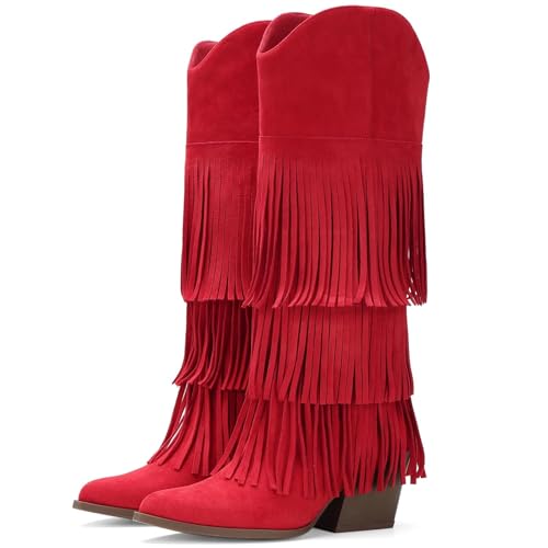 Image of Cowgirl Boots for Women Retro Pointed Toe Pull On Block Chunky Heel Embroide Tassel Country Concert Outfits Mid Calf Western Fringe Cowboy Boots