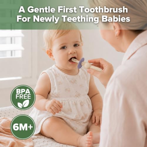 Image of haakaa 360 Baby Toothbrush with Suction Base - Beige + Lavender