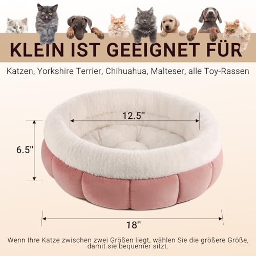 EDMIENS Katzenbett Klein, Katzenbett Flauschig Waschbar, Katzen Bett Indoor, Katzenkissen Rosa, Rund Katzenkörbchen mit Rutschfester Basis, Katzenschlafplatz für Katzen, Kleine Hunde, 45x45x16.5cm