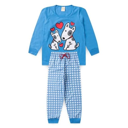 Pijama Longo Infantil Menina Blusa e Calça Cachorrinhos (Azul, 10)