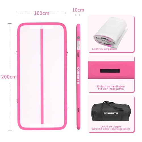 DOBESTS Air Tumbling Matte Aufblasbar 10/20cm Höhe, Gymnastikmatte Größe 2m/3m/4m/5m/6m Turnmatte Trainingsmatte mit elektrischer Luftpumpe Fitnessmatte (Pink, 2m)