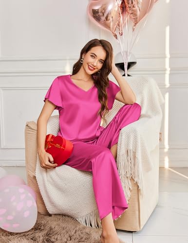 Image of Ekouaer Women's Satin Silky Pajama Set 2 Piece Short Sleeve Shirt with Long Pants Pjs Sets Soft PJ Loungewear S-XXL