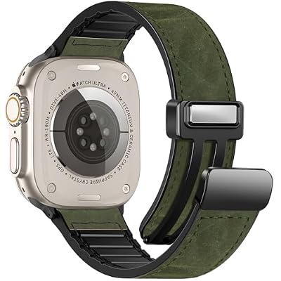 Magnetic Crazy Horse Leather Bands Compatible with Apple Watch 42mm(Series 10/11) 41mm 40mm 38mm for Men Women, Genuine Leather with Magnetic Buckle for iWatch Series SE11/10/9/8/7/6/5/4/3/2/1