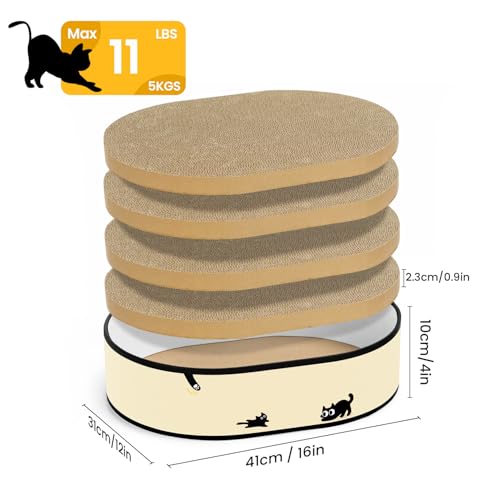 Cat Scratcher Box with 4 Cat Scratching Pads, Mess-Free Design, Refill Scratch Pad, Heavy Duty Corrugated Cardboard Lounger, DIY Stickers Decoration, for Multi-Cat Homes