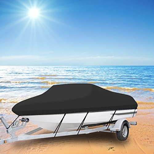 14-16Ft Oxford Fabric Trailerable 210D Boat Cover, Heavy Duty Waterproof Uv Marine Grade Oxford Fabric Fits V-Hull,Tri-Hull,Trailer,Pro-Style,Fishing Ski,Runabout,Bass Boat With Strap Black #TOP1
