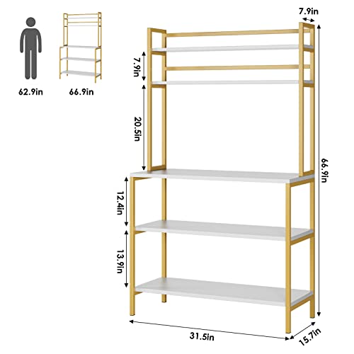 Hithos Industrial 5-Tier Kitchen Bakers Rack With Hutch, Microwave Oven Stand With Shelves, Kitchen Hutch With Storage, Coffee Bar For Living Room, Utility Storage Shelf For Home Office, White+Gold #TOP2