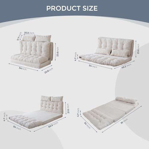 Image of MAXYOYO Folding Sofa Bed, Tufted Bean Bag Bed with Pillows Floor Couch for Adults, Extra Thick and Long Floor Sofa, Full Floor Couch Bed for Bedroom Living Room, Beige, 54x91 Inch