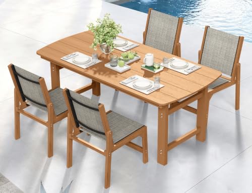 Image of Ciokea HDPE Outdoor Dining Set, Patio Table and 4 Stackable Chairs, Teak