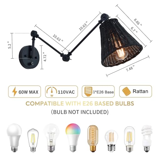 Image of Rattan Wall Sconce Set of Two, Boho Dimmable On Off Switch Wall Light Fixtures with Hand Woven Wicker Lamp Shade, Black Adjustable Swing Arm Wall Mount Lighting Fixture for Bedroom Bedside Living Room