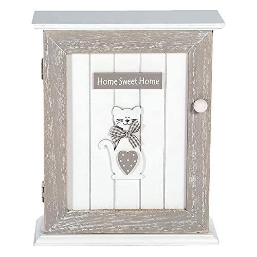 SPOTTED DOG GIFT COMPANY Caja para Llaves 6 Ganchos, Caja Colgador Llaves, Armario de Llaves para la Pared, Madera Blanco y Gris, Decoración para la Cocina y el Hogar con Diseño de Gato Cover