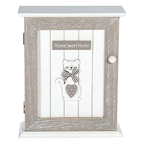 SPOTTED DOG GIFT COMPANY Caja para Llaves 6 Ganchos, Caja Colgador Llaves, Armario de Llaves para la Pared, Madera Blanco y Gris, Decoración para la Cocina y el Hogar con Diseño de Gato