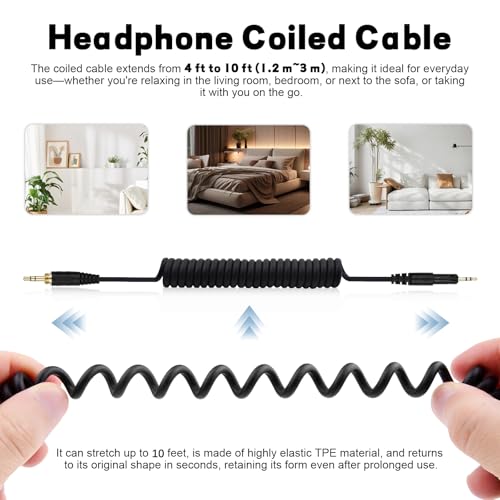 Image of Replacement ATH-M50x Cable Coiled Cord Compatible with Audio Technica ATH-M40x, ATH-M50x, ATH-M70x, ATH-M60x Headphones, 2.5mm to 3.5mm Audio Cord with 6.35mm Adapter