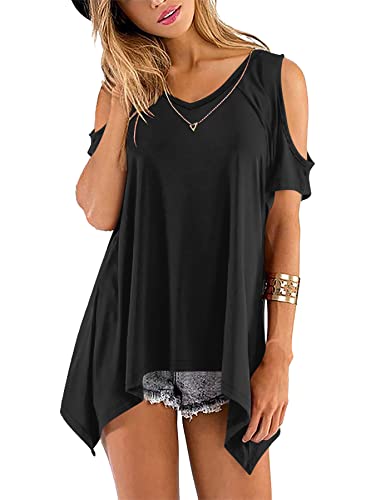 Beluring Womens Cold Shoulder Tops Summer Short Sleeve V Neck Casual Tunic Tee Shirts