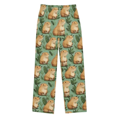 Boys' Pants Brown Capybaras Green Leave Long Bottoms Jogger Pants Elastic Waist Trousers with Pockets S-XL
