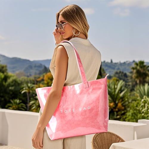 Image of KALIDI PVC Zipper Tote Bag, Jelly Kraft Paper Beach Bag Large Hobo Carry All Travel Shopping Handbag Plastic Shoulder Bag