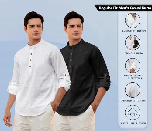 Image of Zombom Men's Combo Cotton Polyester Blend Solid Full Sleeve Straight Regular Fit Mandarin /Chinese Collor Kurta (Pack of 2)