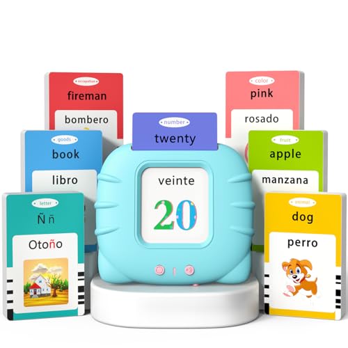 Kidzdo Spanish and English Audible Toys, Bilingual Español/English Talking Flash Cards with Music for Preschool,Kindergarten Toddler 2 3 4 5 6 to Learn Spanish English
