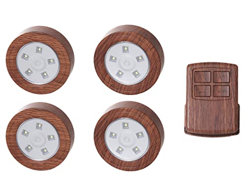 Image of Puck Lights with Remote, LED Under Cabinet Lights with Auto Timer, Battery Operated Dimmable Under Counter Light for Closet, Kitchen, Under Counter, Hallway, Stairs. 4 Pack (Woodgrain-1)