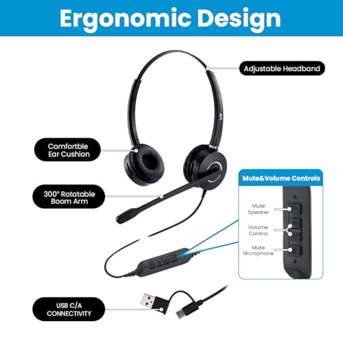 Image of VT Wired Headset with ENC Noise Cancelling Mic, USB-C /A Headphones with in-line Controls for Computer for Zoom /Teams Calls,Online Classes, Customer Service