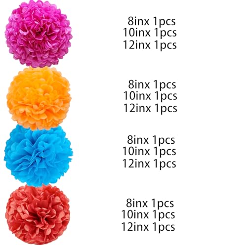 Image of Rose Red Orange Blue Red Paper Pom Poms for Mexican Birthday Cinco De Mayo Party Decoration - Ceiling Wall Hanging Tissue Flowers for Mexican Theme Fiesta Cinco De Mayo