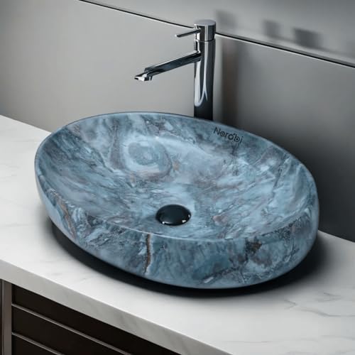 Image of Designer Counter Top Wash Basin | Tabletop Ceramic Bathroom Sink | Wash Basin Over Counter | Wash Basin For Bathroom, Living Room (24 x 15 x 6 Inch) (Designer Blue)