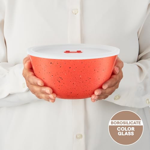 Image of Borosil 1 L Kube Pink Serving & Mixing Bowl with Lid | Made in India Borosilicate Glass Bowl for Kitchen & Dinning | Bowl for Mixing Dough, Salad, Batter | Microwave & Dishwasher Safe