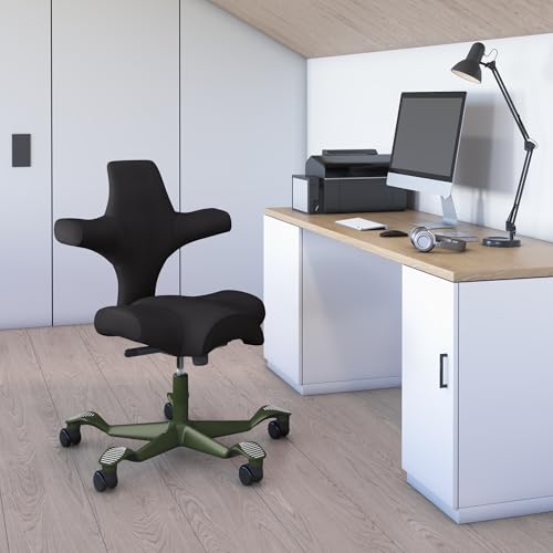 Image of HAG Capisco Standard Chair-Moss Green Frame-Upholstered Black Onyx Vinyl