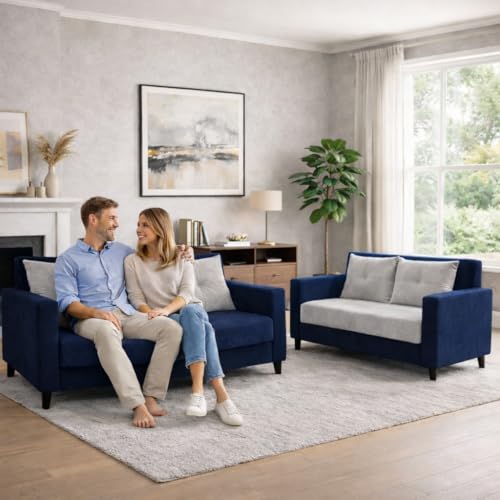 Image of Ultimate Comfort 3+2 Wooden Sofa Set | Premium Velvet Fabric | Modern 5-Seater Sofa | Durable & Stylish Living Room Furniture(Grey & Blue)