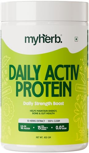 Image of MYHERB Daily Active Protein|36gm Protein (Whey+Pea)|Stamina Supporting Hebrs Tulsi,Amla & 8 Herbs|Supports Everyday Nutrition,Bone Health & Immunity (450 g (Pack of 1), Alphonso Mango)
