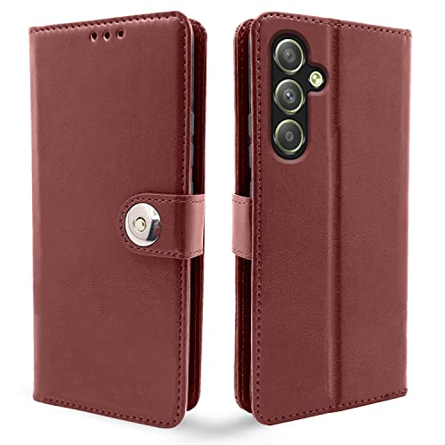 Image of Pikkme Samsung Galaxy A34 5G Flip Cover Leather Finish | Inside TPU with Card Pockets | Wallet Stand and Shock Proof | Complete Protection Button Flip Case (Brown)