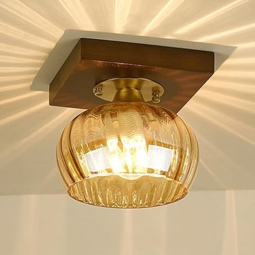 Plafoniera Mini Plafoniere Retrò In Ottone per Corridoio con Paralume A Strisce A Spirale Color Ambra Plafoniere In Legno Massello Nordico Plafoniere Antiche Spazzolate In Noce (Base Quadrata)