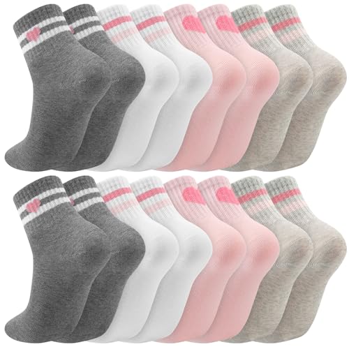Utensilsto 8 Paar Mädchen Tennissocken, Retro Streifen Herzmuster Socken, Sportsocken für Kinder, Weiche Baumwollsocken mit hohem Rippbund, 3-6 Jahre